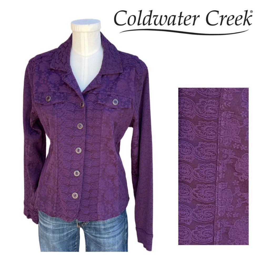 Coldwater Creek Purple Paisley Floral Textured Fitted Jean Jacket